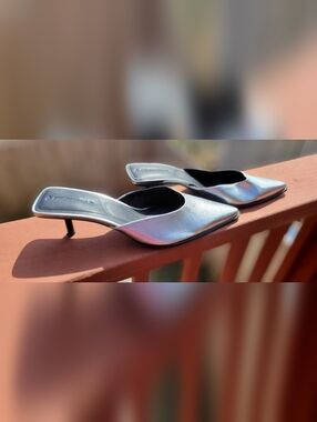 Stradivarius Iridescent Silver Pointed-Toe Mule Heels